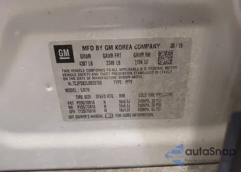 2020 Chevrolet Trax Awd Lt из США, поврежденный, VIN KL7CJPSB2LB020760